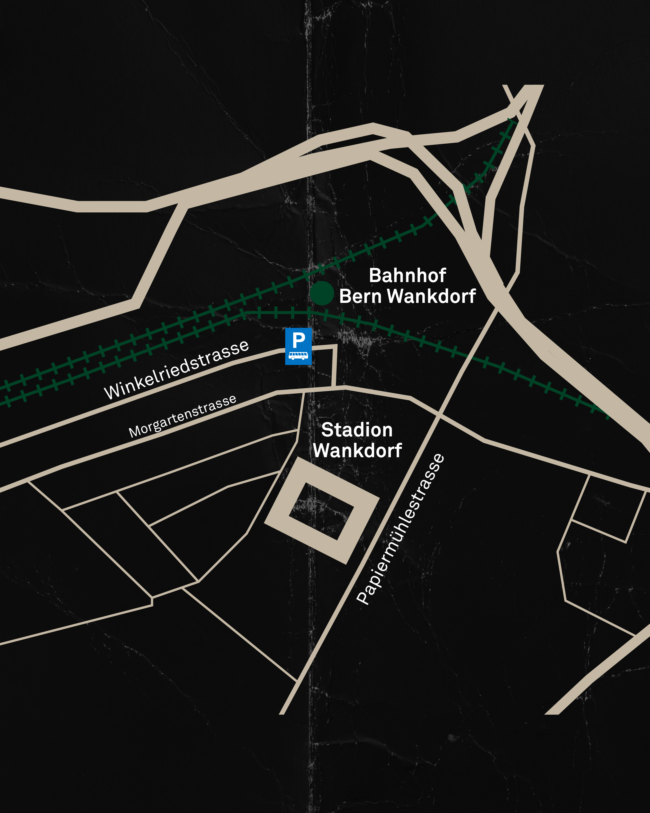 Karte des Stadion Wankdorf in Bern: Bahnhof Bern Wankdorf nördlich, Carparkplatz zwischen Winkelriedstrasse und Morgartenstrasse, Stadion südlich davon, Papiermühlestrasse östlich.