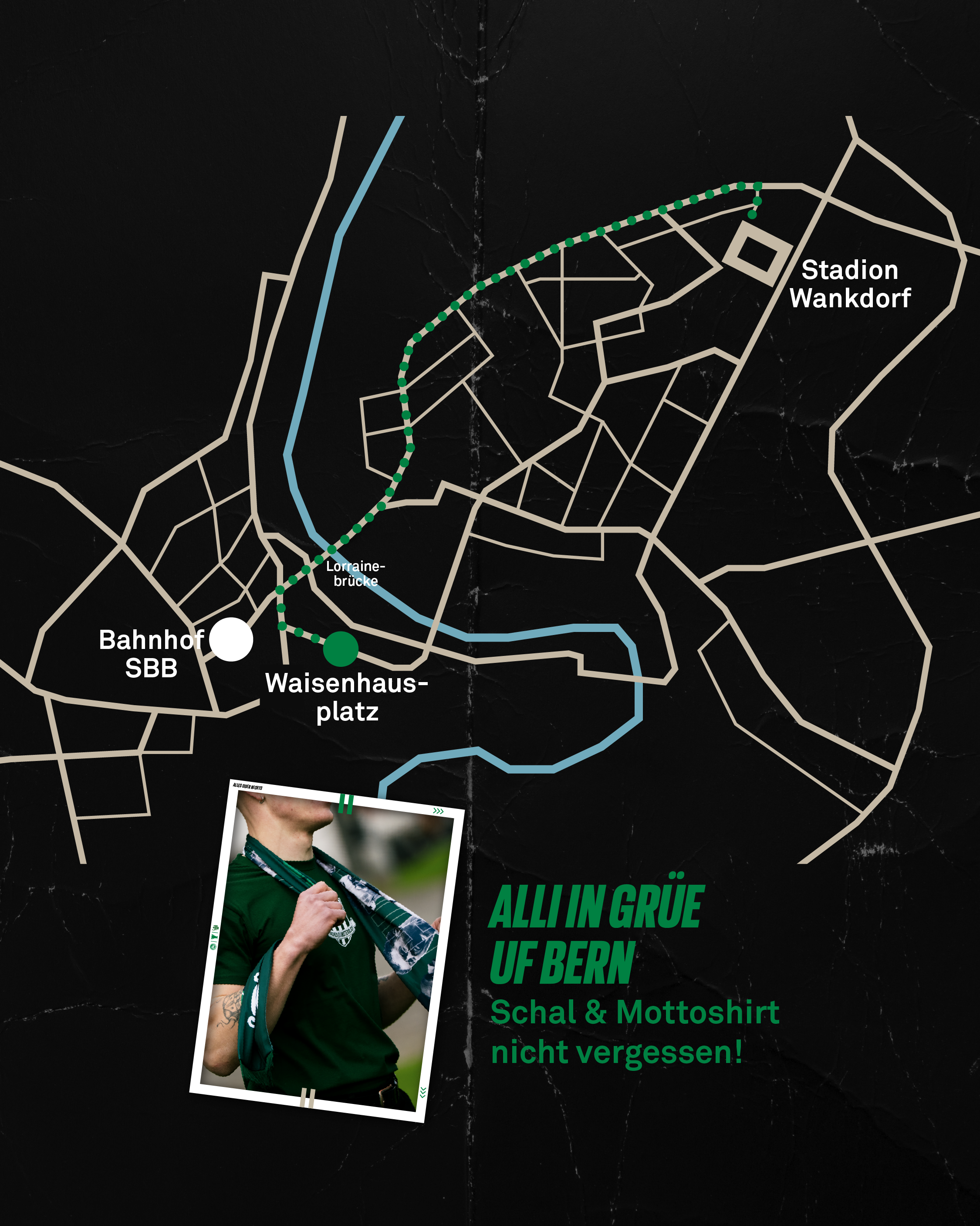 Karte der Fanmarsch-Route in Bern vom Waisenhausplatz zum Stadion Wankdorf.